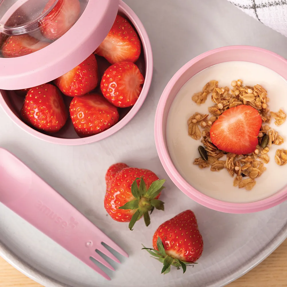 קופסת אוכל Morning & Noon עם כף מזלג ורוד בייבי