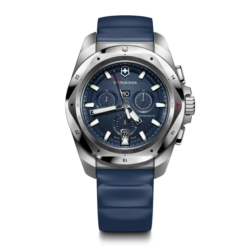 שעון inox chrono רצועת גומי כחולה ולוח כחול