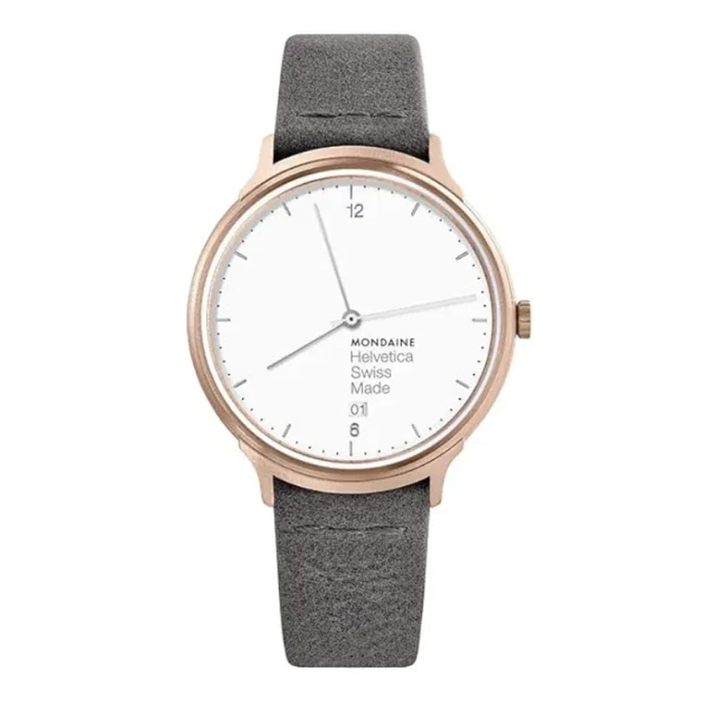 שעון מונדיין Helvetica- מסגרת Rose Gold רצועת עור 38 מ”מ